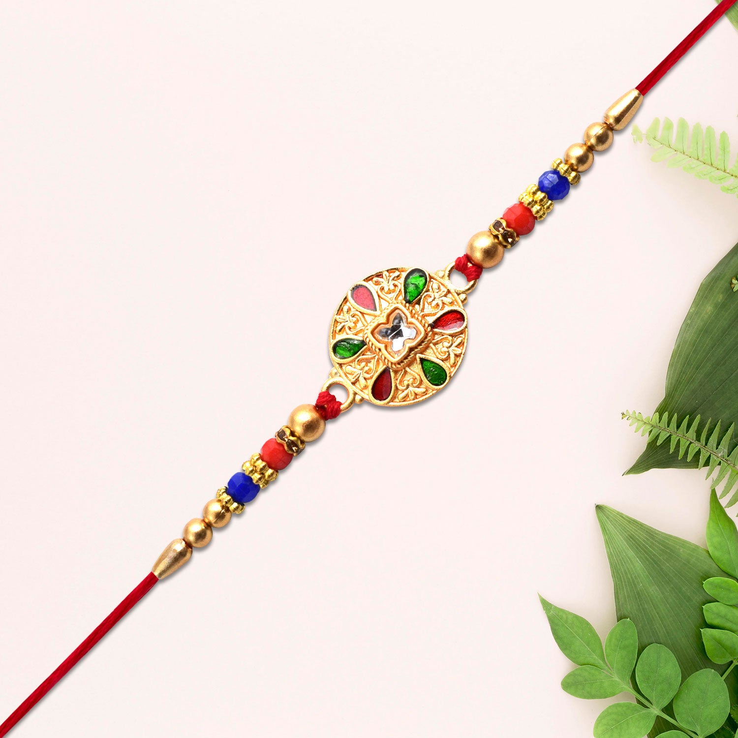 Traditional Circular Meenakari Rakhi With Multicolor Enamel Kundan Stone  Gold Beads Traditional Circular Meenakari Rakhi With Multicolor Enamel Kundan Stone  Gold Beads
